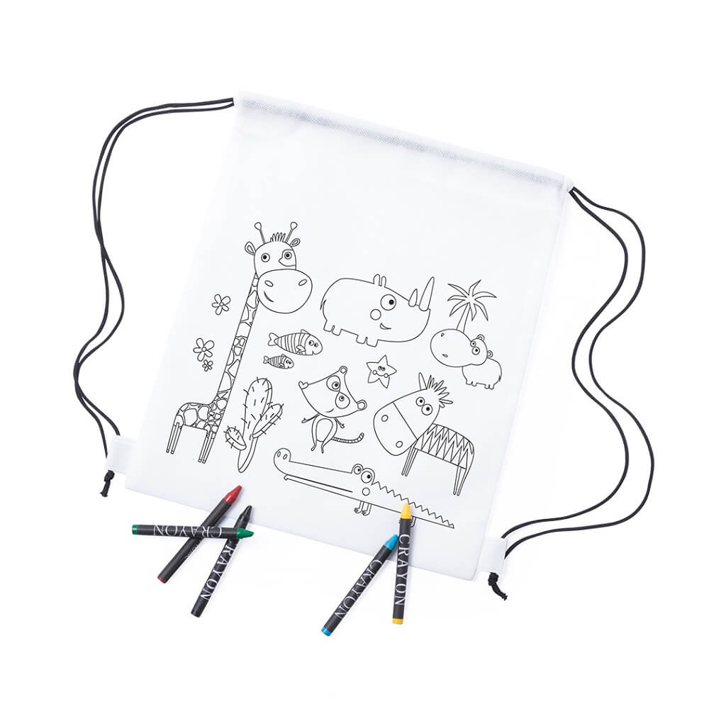 Drawstring Bag with crayons and coloring design
