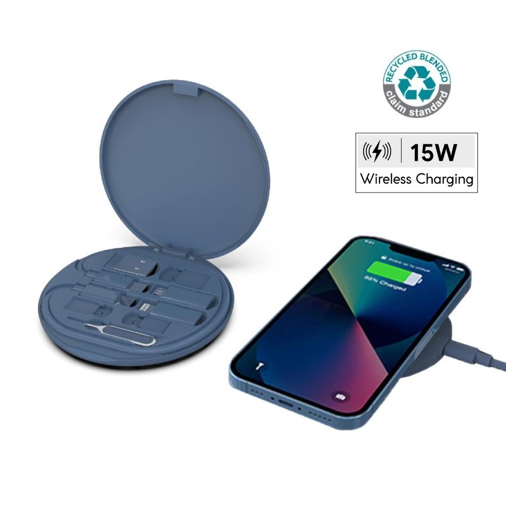 OSLO - @memorii Recycled 15W Wireless Charger Multi - Cable Set - Blue